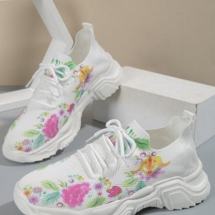 White Floral Print Women Sport Shoes