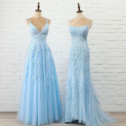 Sleeveless Long Blue Prom Dress