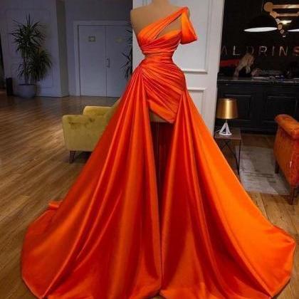 Asymmetric Neckline Orange Pleated Pageant Dress..