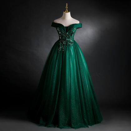 Off Shoulder Dark Green Ball Gown Dress With..