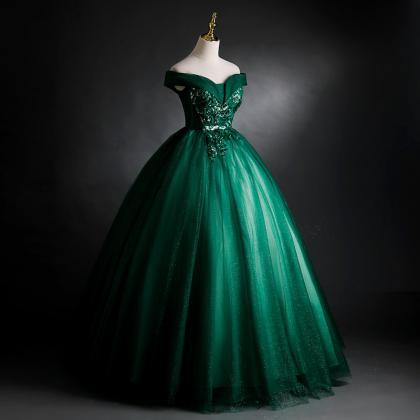 Off Shoulder Dark Green Ball Gown Dress With..