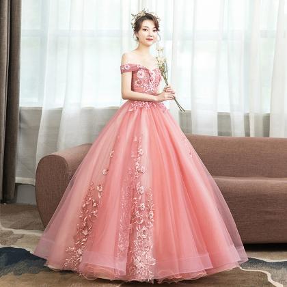 Off Shoulder Nude Pink Ball Gown Pageant Dress