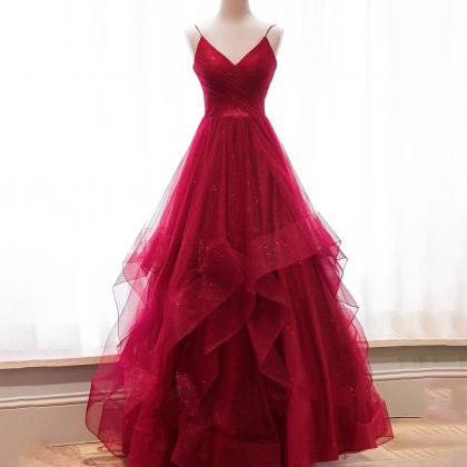 V Neck Dark Red Glitter Prom Dress