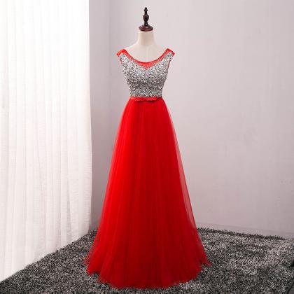 Red Long Prom Dress With Beaded Bodice