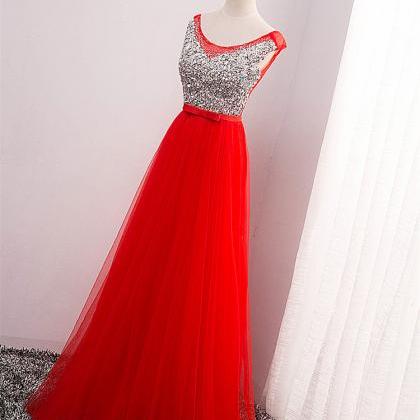 Red Long Prom Dress With Beaded Bodice