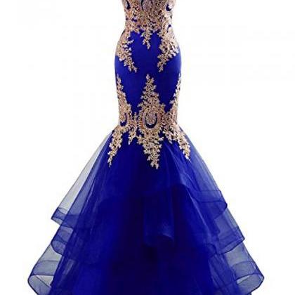 Royal Blue Mermaid Prom Dress With Gold Appliques