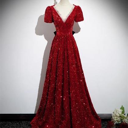 Short Sleeves Red Sequin Long Evening Gown Pageant..