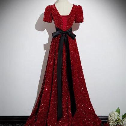 Short Sleeves Red Sequin Long Evening Gown Pageant..