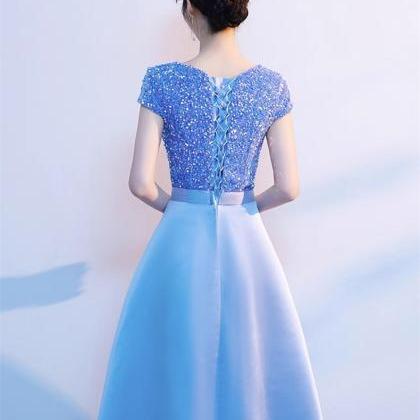 Cap Sleeves Tea Length Blue Party Dress With..