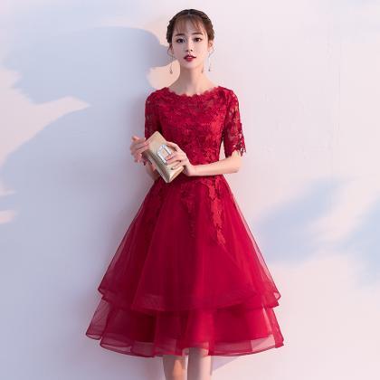 Dark Red Short Sleeves Semi Formal Party Dress