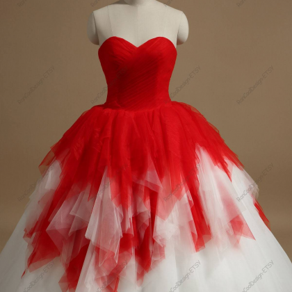 Sweetheart Neckline White Red Pageant Dress..