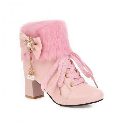Lace Up Front Pink Winter Boots Women