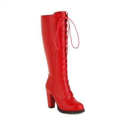 Radiant Red Knee-high Lace-up Boots