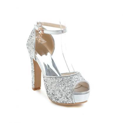 Silver Glitter Peep Toe Platform Sandals