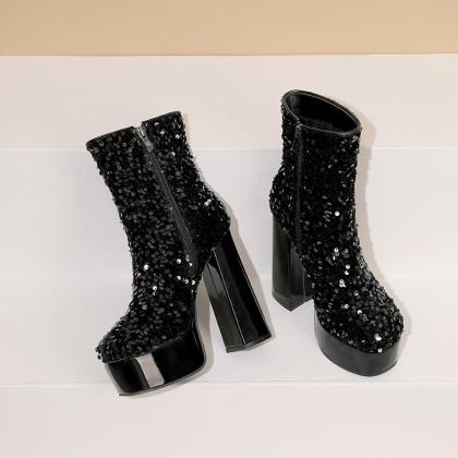 Black Sequin Platform Ankle Boots