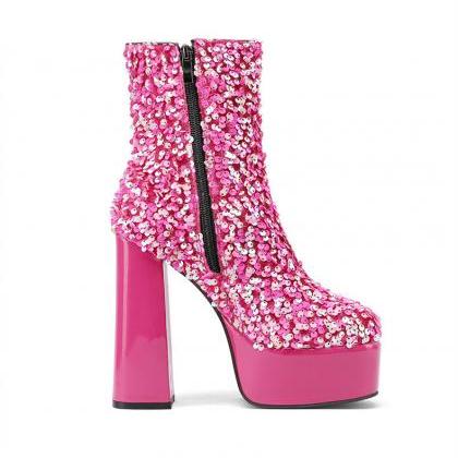 Sparkling Pink Sequin Platform Ankle Boots