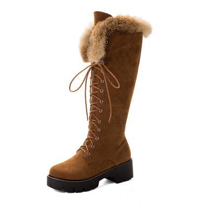 Cozy Suede Lace-up Winter Boots With Faux Fur Trim