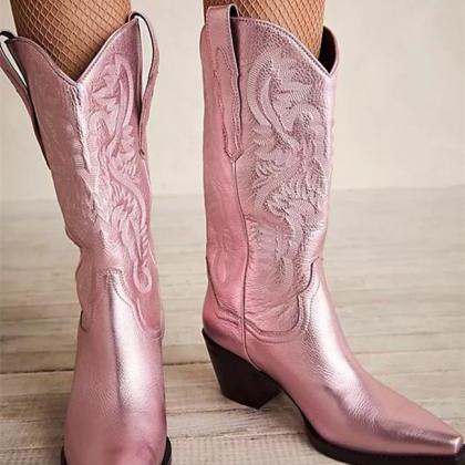 Chunky Heeled Wide Mid Calf Boots Western Cowgirl..