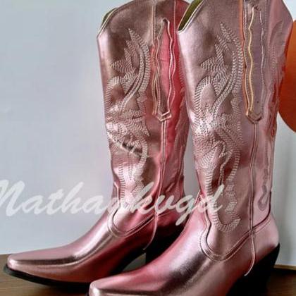 Chunky Heeled Wide Mid Calf Boots Western Cowgirl..