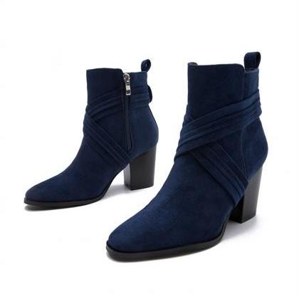 Blue Chunky Heel Side Zipper Ankle Boots Women