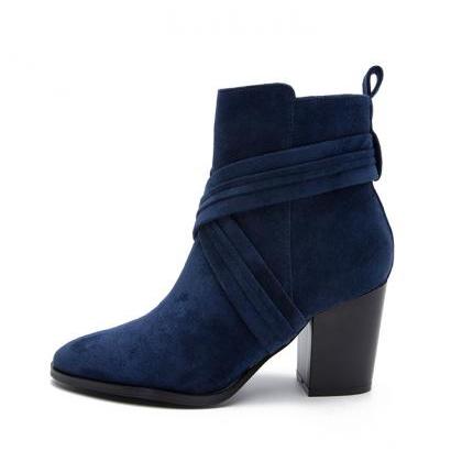 Blue Chunky Heel Side Zipper Ankle Boots Women