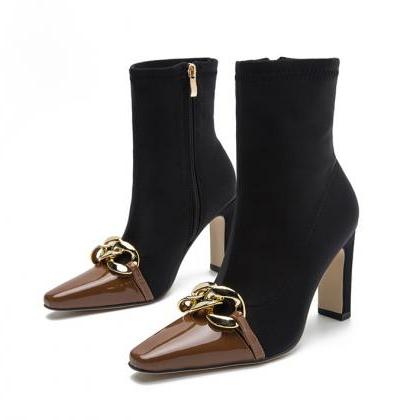 Chian Decor Point Toe Ankle Boots