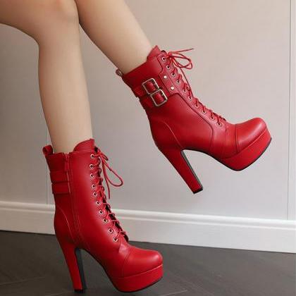 Lace Up Red Platform Ankle Boots