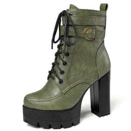 Olive Green Lace-up Chunky Heel Boots