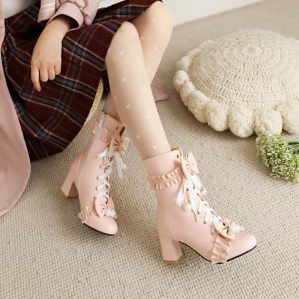 Ruffle Detailed Pink Ankle Boots