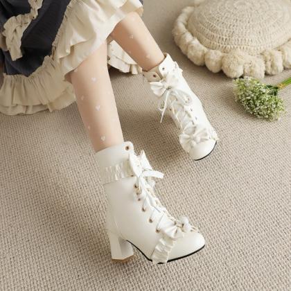 Ruffle Detailed White Ankle Boots
