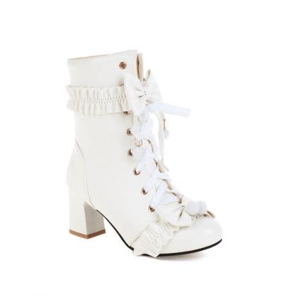 Ruffle Detailed White Ankle Boots