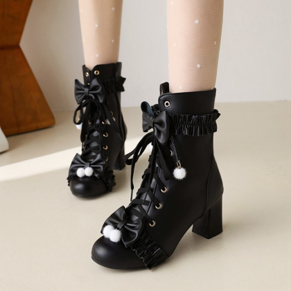 Ruffle Detailed Black Ankle Boots