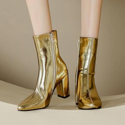 Glamorous Gold Zippered Ankle Boots With Chunky..