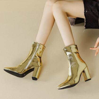Glamorous Gold Zippered Ankle Boots With Chunky..