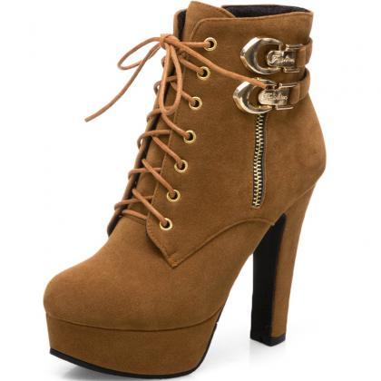 Brown Platform Ankle Boots For Women