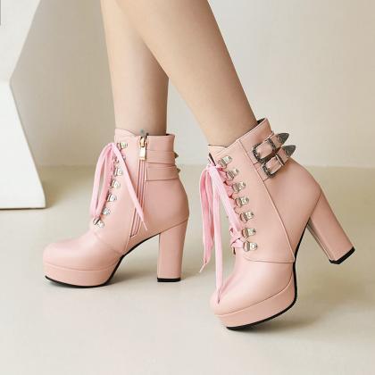 Chic Blush Pink Lace-up Ankle Boots With Chunky..