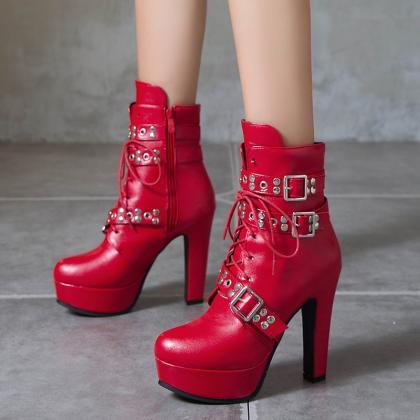 Bold Red Studded High-heel Ankle Boots