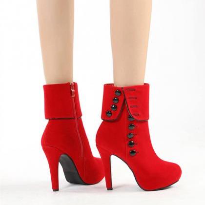 Buttons Decor Red Platform Ankle Boots