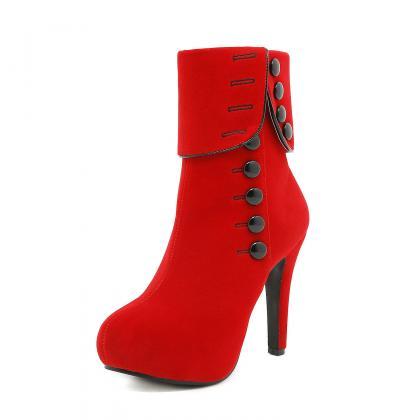 Buttons Decor Red Platform Ankle Boots