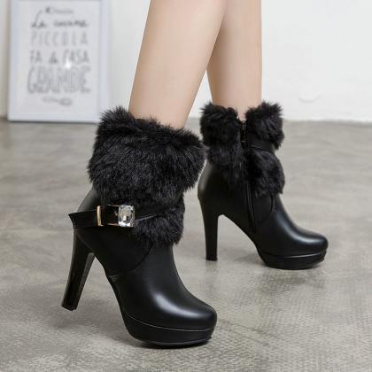 Faux Fur Black Ankle Boots