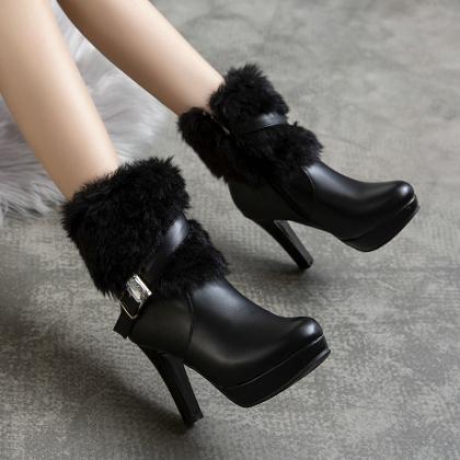 Faux Fur Black Ankle Boots