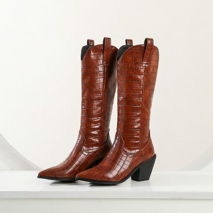 Exquisite Brown Calf Length Embossed Leather Boots