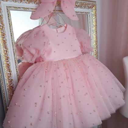 Latern Sleeves Pearled Pink Girl Dress