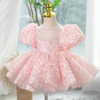 3d Fabric Pink Little Girl Dress