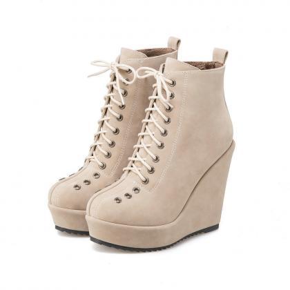Beige Suede Lace-up Wedge Booties