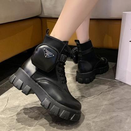 Black Leather-look Cleated Sole Women Boots