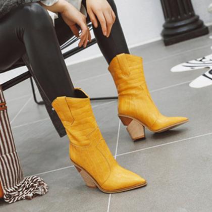 Wide Fit Yellow Chunky Heel Boots