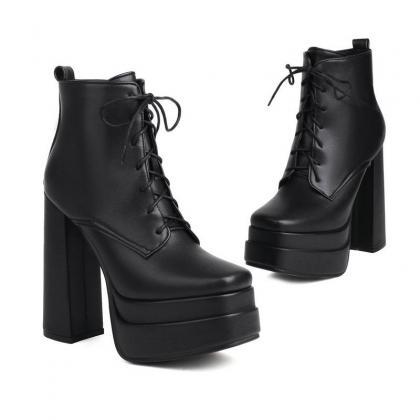 Lace Front Leather-look Platforms Ankle Boots