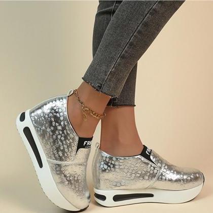 Wedge Sole Slip On Women Metallic Casual Shoes
