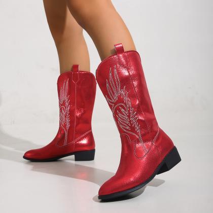 Red Wide Fit Chunky Heeled Mid Calf Boots